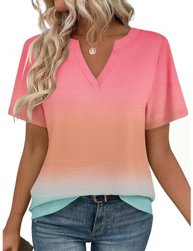 Zeagoo Ladies Tops and Blouse 2026 Short Sleeve T Shirts Casual Business | Work Clothes Loose V Neck Outfits Pink 2XL