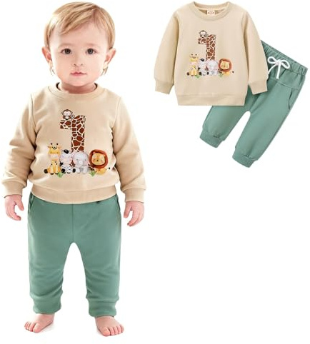 Asmea Conjunto Cumpleaños 1 Año Niño Ropa Bebe 1 Año Niño Regalo Bebe One Year Old Boy Outfit Camiseta de Manga Larga con Estampado Animal + Pantalón 12-18 Meses Beis