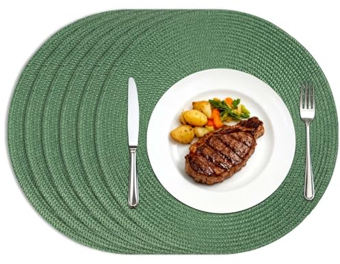 Homcomodar Platzsets Abwaschbar 6er Set Rund Tischsets Abwaschbar Geflochtene Platzset Rund Hitzebeständig rutschfest Grün Platzsets für Hause Küche Restaurant（34cm ）