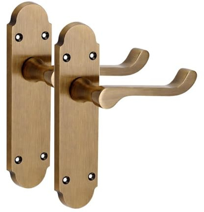 Golden Grace Victorian Epsom Door Handle Antique Brass Pair, 168x40mm | Includes spindle and fixing screws for quick installation; metal scroll design matches lock and bathroom versions.