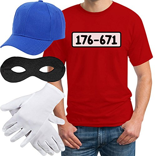 T-Shirt Herren Banditen Bande Verkleidung T Shirt Panzerknacker Kostüm Karneval Fasching Outfit JGA Kostüme Tshirt + MÜTZE + Maske + Handschuhe