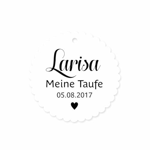 Geschenkanhänger personalisiert – Papieranhänger für Taufe, Geburt, Kommunion, Konfirmation, Hochzeit – 5 cm – Herz, Kreis oder Wellenrand-Kreis – Farbe nach Wunsch