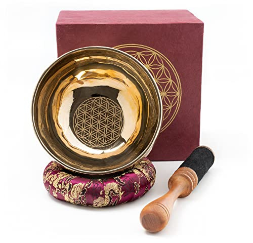 Tibetische Klangschale 350–400 g mit Blume des Lebens-Gravur | Geschenkbox aus Loktapaier, für Yoga, Entspannung, Achtsamkeit, Meditation