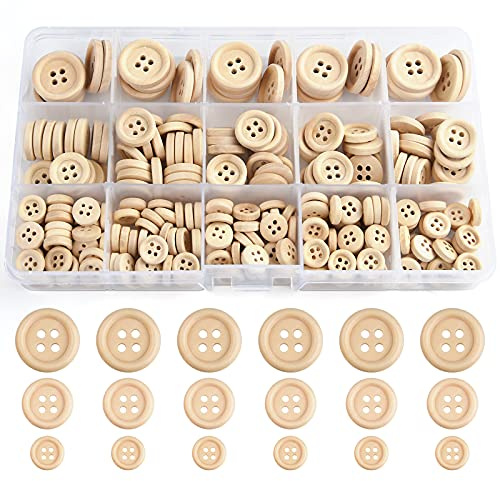 TUPARKA 255 STÜCKE Holzknöpfe Gemischte Größe Natürliche Holz Runde Form Taste zum Nähen Handwerk Dekorationen 10mm 15mm 20mm