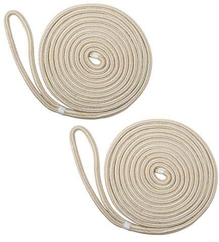 NovelBee 2 Pack of 3/4“x30’ Double Braid Nylon Dockline,Mooring Rope Dock Line with Spliced Soft Eye (White/Gold)