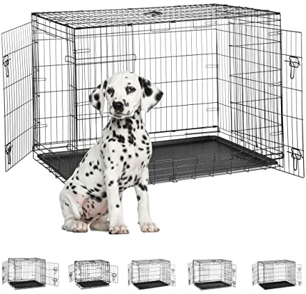 Relaxdays Hundekäfig für zuhause, Büro, Auto Hundebox faltbar, Stahl Gitterbox mit Wanne, Kennel 86,5x121,5x79cm schwarz
