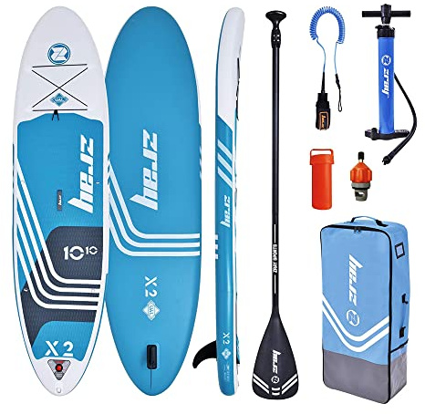 Zray - Aufblasbares Stand-Up-Paddle X-Rider Deluxe 10'10 - PB-ZX2E - Dropstitch-Board - Leine, Paddel, Pumpe, Transporttasche und Set - Option Kajaksitz - Bis zu 150 kg - 293l - 330x81x15 cm Blau
