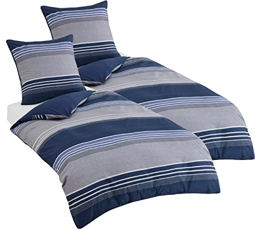 BEDSURE Bettwäsche 135x200 4teilig Bettbezug - Bettwäsche-Sets 135 x 200 cm 2er Set mit 2 Kissenbezüge 80x80cm, ÖKO-TEX Wendebettwäsche Bedding Blau Gestreift Muster mit Reißverschluss