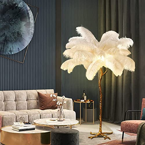 YHYYU Lampadaire sur Pied Salon, Lampadaire LED Plume d'autruche Naturelle avec une Ampoule LED, Chambre Moderne Luxe Lampe sur Pied pour Villa Bureau Hôtel Salon Chambre (Blanc, 120cm)