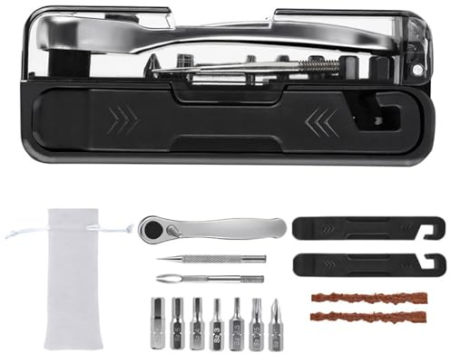 Juego de herramientas para bicicleta plegable compacto con 14 funciones, incluyendo llave de trinquete de acero y accesorios para reparación de neumáticos de emergencia. Herramienta de bicicleta