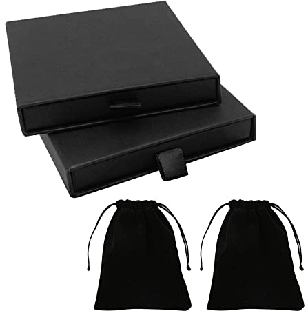 MIVAIUN 2 Pcs Cajas para Joyas, 2 Pcs Bolsas de Terciopelo, Caja de Cartón Artesanal Negra con Esponja Interior, Cajitas Regalo para Joyas, Cajas Pequeñas Regalo para Collar, Pulsera, Anillo