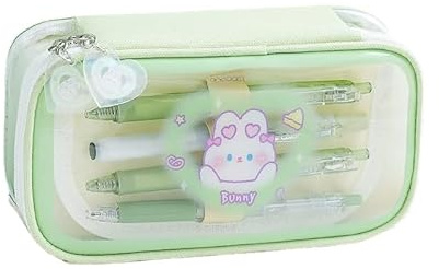 Kawaii Herz Hase Transparentes Federmäppchen Ästhetisches Federmäppchen mit großer Kapazität Cutecore Back to School Accessoires (Color : Green)