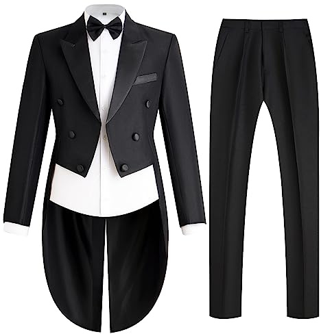Catheive Mens Tailcoat Suit Jacket Tuxedo Double Breast Swallow Tail Coat Pants Bow Tie Black