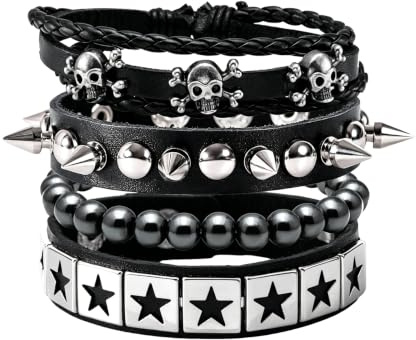 MILAKOO Armband im Gothic-Stil, Totenkopf, Stern, verstellbar, Vintage, Punk, Schmuck, 4 Stück, 8.5 inch, Kunstleder Metall Kunstleder Metall Hämatit, Kein Edelstein