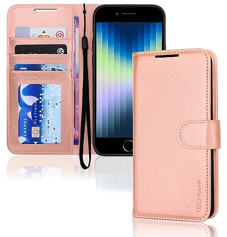 TECHGEAR iPhone SE 2022 5G/2020, iPhone 8/7/6 läderplånboksfodral, flip fodral fodral korthållare, stativ, handledsrem, roséguld PU-läder, magnetisk stängning för iPhone SE 3/SE 2/iPhone 8 7 6 6s 4,7