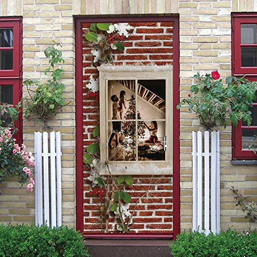 tür poster 95x215cm(37.4 inches * 84.64 inches) Fenster Weihnachtsbaum Türtapete Selbstklebend Türposter 3D PVC Türtapeten Innentür Fototapete Tür Dekoration 3D Türaufkleber Türtapete