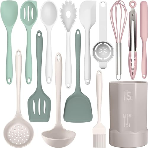 AOTHOD Silicone Cooking Utensils Set - 446°F Heat Resistant Silicone Kitchen Utensils,Spatula,Spoon, Kitchen Utensil Sets Gadgets Tools Set for Nonstick Cookware,Dishwasher Safe BPA FREE (Multicolor)