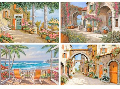 DCIDBEI 30x40CM 4 Lot Diamant-Malerei Meer|| DIY Runde Diamond Painting Orange Landschaft || 5D Kreativ-Set für Kinder, Dekoration Zimmer Büro Weihnachten, Diamant Painting Bilder Haus am Meer