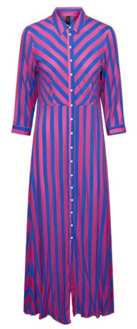 YAS Savanna - Camiseta Larga de Manga Corta Vestido, Fucsia Fedora/Rayas: Blue Lolite, S para Mujer