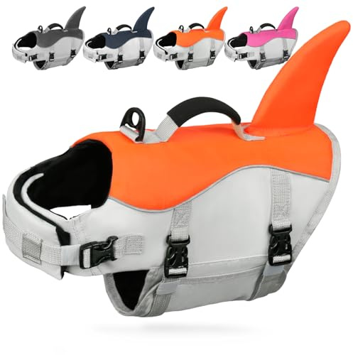 AMZNOVA Shark Hundeschwimmweste, Schwimmweste with Flossen & Haiflosse, Rettungsweste Hund für Bootfahren, Schwimmhilfe & Leichte, XL, Leuchtendes Orange