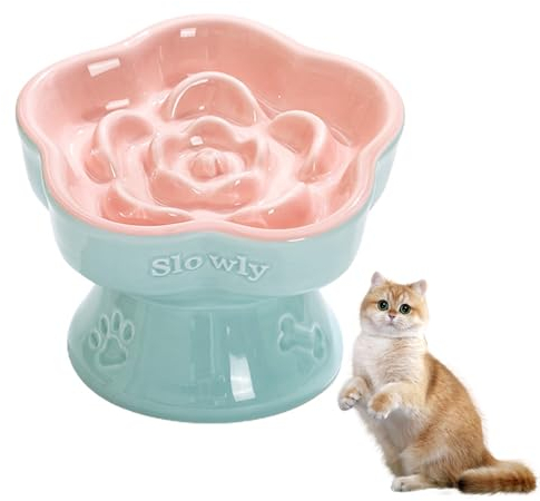 Nchdewui Slow Feeder Katze, Katzennapf Keramik, Anti Schling Napf Für Katzen Und Kleine Hunde, Einfach Zu Reinigen, Reduziert Verschlucken Und Überessen (Glacier Blue with Lotus pink)