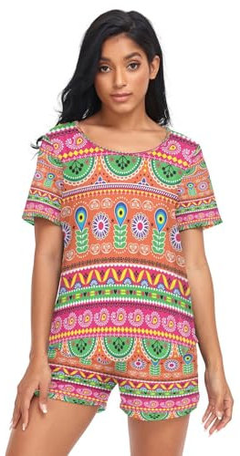 HMZXZ Damen Schlafanzug-Set Geometrisch indisch Sommer Pyjama Woman Set,Aztekisch Ethnisch Loungewear und Shorts Lounge Set Sleepwear Nachtwäsche