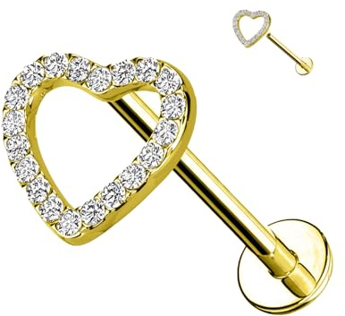 Herzförmiges Titan-Labret-Piercing mit Kristallen und Innengewinde, Helix-Creolen, Daith, Tragus, Tragus, Rook Conch, Knorpelohrring für Damen, PWC-055, Gold mit Transparent