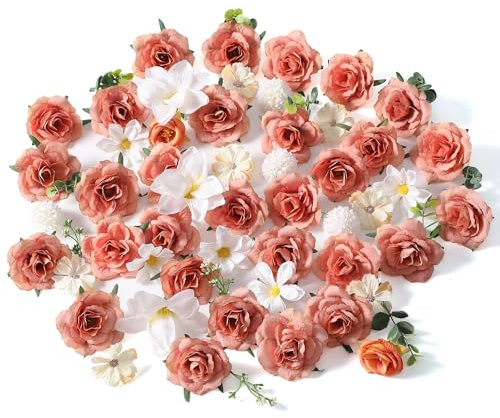 JUSTOYOU Set di 50 fiori artificiali, in seta, con steli, rose finte, ortensie, steli di eucalipto, bouquet da sposa fai da te, per torte, composizioni floreali, decorazioni per la casa (rosa