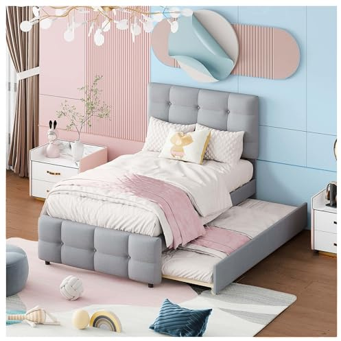 Wyibwy Polsterbett 90x200 Kinderbett Ausziehbar Verstellbares Kopfteil Hautfreundlicher Leinenbezug Kinderbett Flach Einzelbett Kinderbett Jugendbett (Grau)