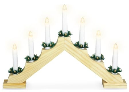 LED Schwibbogen Kerzenbrücke Lichterbogen Weihnachtsbeleuchtung Warmweiß Holz 7 LEDs Batterie B39xH31cm