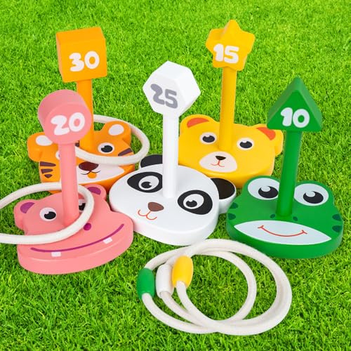 Set di giochi di lancio di anelli in legno, giocattoli da gioco per lanciare anelli con animali, divertente gioco da cortile per bambini e adulti, gioco per prato e cortile per feste di compleanno in