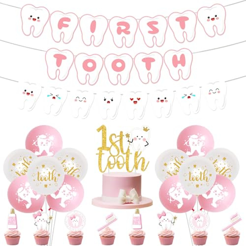 Första tuffa festdekorationer: Rosa banderoller, glitterkaka topper, cupcake-toppar, latexballonger för flickor, 1st tand babyshower