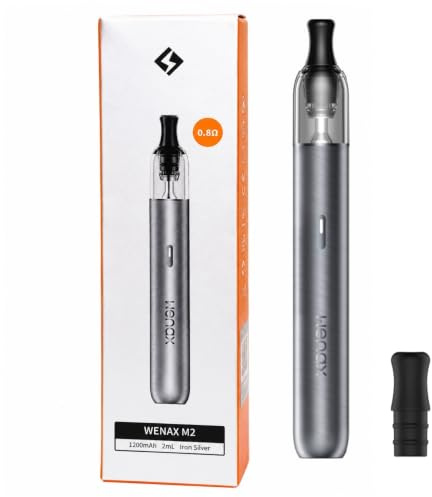 For Geekvape Wenax M2 Kit Vape 16 W (Argento ferro) Batteria 1200mAh 2 ML 0,8Ω Cartuccia M1 Cilindrica Vape Pen Ricarica rapida Tipo-C 5 V/2 A Sigaretta Elettronica Originale - No Nicotine