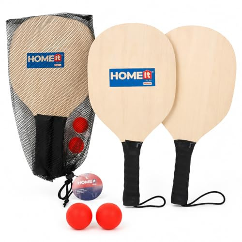 Home It® Beachtennis Set | Hochwertiges Beachball Set aus Holz mit 2 Schlägern (Eiche, 40x20 cm) & 2 Gummibällen | Netz für Transport – Perfekt für Strand & Garten