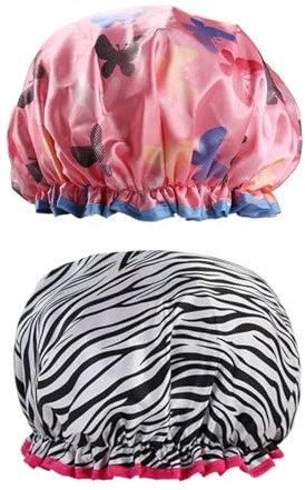 Diffaxy Cuffia da doccia a doppio strato, riutilizzabile, impermeabile, con volant per coprire le orecchie, in raso, da donna, 2 pezzi