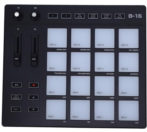 USB MIDI PAD Controller, RGB Tragbarer MIDI -Controller mit 16 Drum Pads, 2 Zuweisbaren Fader & Knopfs, MIDI -Tastatur für die Musikproduktion