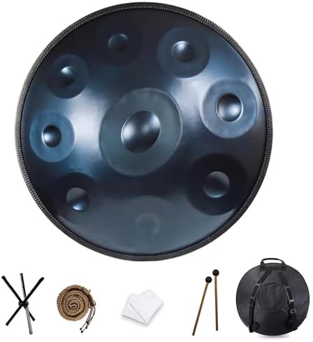 SQSXCKIQ Handpan-Trommel, 440 Hz Handpan-Trommel-Schlaginstrument für Klang und persönliche Meditation, 22 Zoll 9/10/12 Töne Stahlzungentrommel mit sämtlichem Zubehör Blau 10 Töne