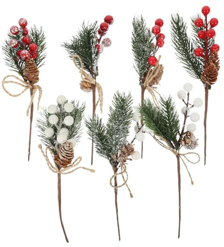 Garneck 7 Stück Simulation Kiefernnadelzweig Gefälschte Tannenzapfen-Picks Weihnachtsblumen-Picks Weihnachtskranz Pflücken Stechpalme Beerenstiele Stängel Der Roten Beerenpflücker Hölzern