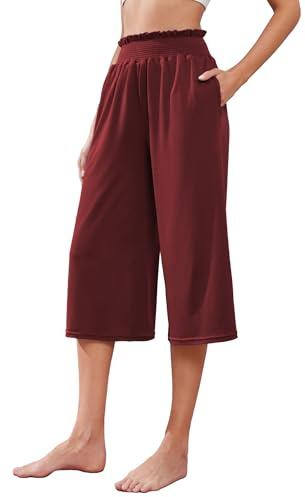Famulily Ladies Summer Stretchy High Waist Cropped Trousers Three Quarter Length Pants Wine XL