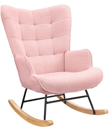 DAHUEN Schaukelstuhl, Schaukelstuhl mit Armlehnen, gepolsterter Stillsessel, Oberfläche aus Plüsch, Relaxsessel mit hoher Rückenlehne, für Schlafzimmer, Wohnzimmer (Rosa)