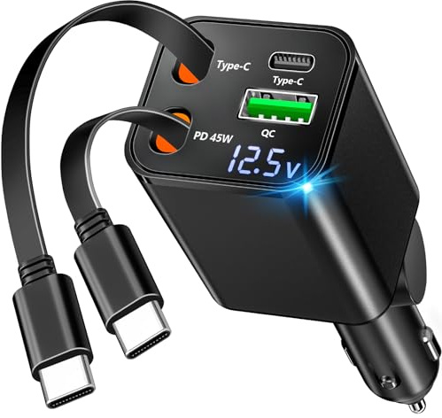 [Apple MFi Certified] Retractable Car Charger USB C, Braveridge 120W USB C Car Charger 4 in 1 PD/QC Type C Fast Charge Cigarette Lighter Adapter for iPhone 17/17 Pro Max/16 Pro/15/Galaxy S25/S24/Pixel