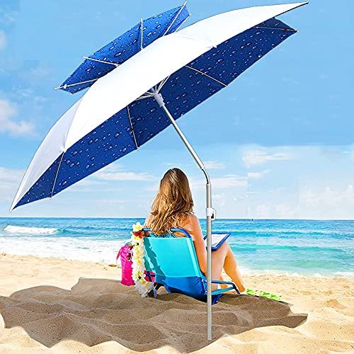 Ombrellone da spiaggia portatile, protezione solare UV50+, impermeabile e antivento, inclinazione regolabile, palo in alluminio, 2,2 m/2,4 m, blu, include borsa per il trasporto per un facile