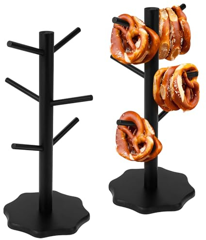 VAVPUP 2 Stück Brezelständer,Brezelhalter aus Holz in Baumform,Stabil Tassenhalter,6-armig,Höhe 33cm,Wurststände,Platz sparen,Dekoration für Restaurants,Cafés,Bars,Küche(schwarz)