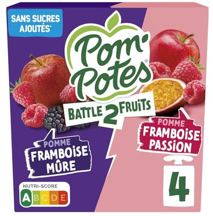 Compotes Battle2Fruits pomme framboise mûre, passion sans sucres ajoutés POM'POTES - les 4 gourdes de 90g Lot De 4 - Par Lot