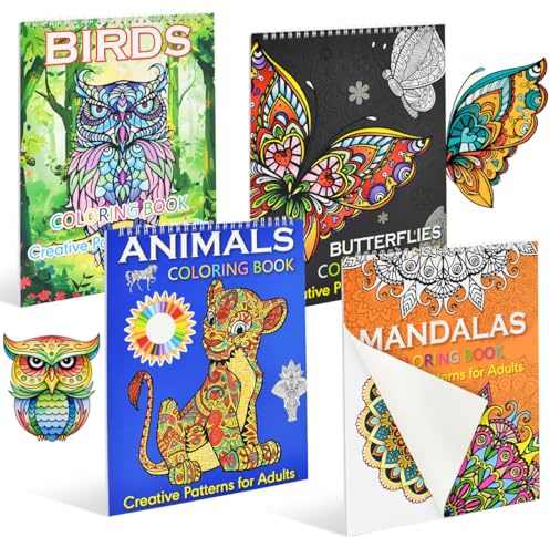 VGECEE 4 Pezzi Libro da Colorare per Adulti, Libro Mandala da Colorare Adulti 60 Motivi inclusi Animali/Madalas/Uccelli/Farfalli Rilegatura a Spirale Libro da colorare per Ansia Rilassarsi per Donna