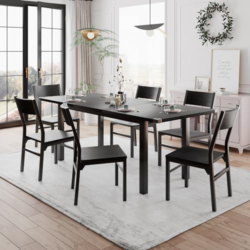 Einhomn 7-Piece Dining Room Table Set with 6 Chairs, 63 Extendable Dining Table & Chairs Set for 4-6, MDF Board & Metal Frame, for Kitchen, Dining Room, Black