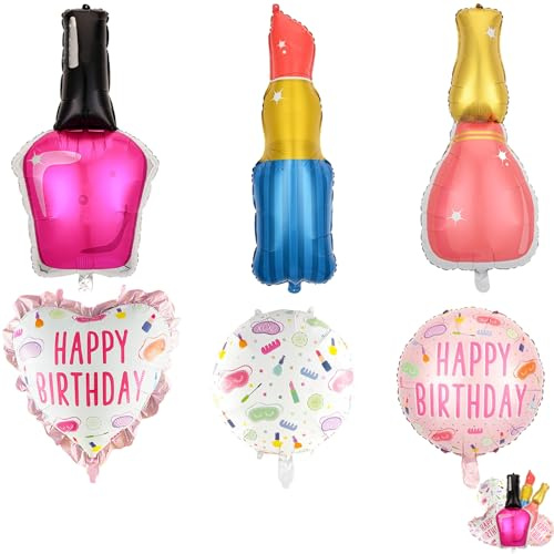6 Stück Beauty Ballons Set - Kosmetik Deko Luftballons für Geburtstag, Spa Party & Hochzeit (Nagellack, Herz, Stern) - Heliumtaugliche Ballons für Frauen, Mädchen, Freundin - Pink & Gold Glamour Party