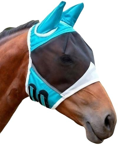 GWAWG CareMaster, maschera antimosche per cavalli con orecchie e naso, maschera protettiva blu cielo grande spazio per gli occhi, scudo anti-mosche, super confortevole, elastica, protezione UV per