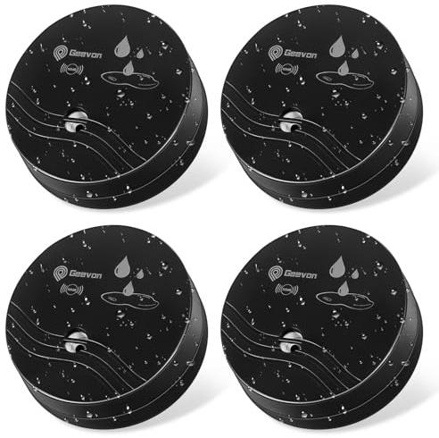 Geevon Détecteurs de Fuite d'eau, 100 DB pour Caves, salles de Bains, buanderies, Cuisines, garages et greniers, alarmes d'eau à Piles (Piles incluses) (Noir 4 Paquets)