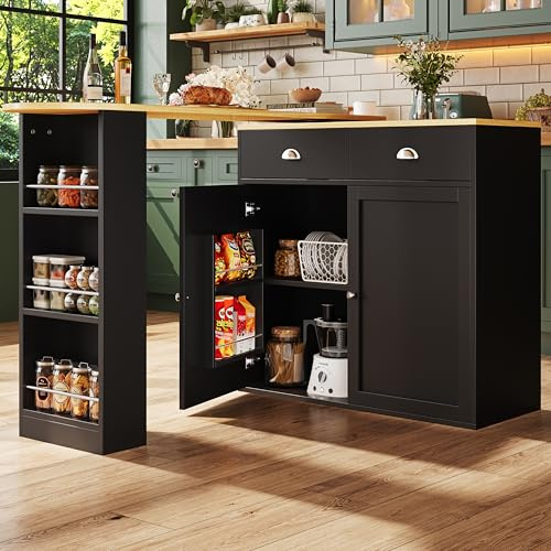 Merax Ausziehbarer Bartisch mit Stauraum, Kücheninsel 360° drehbar Küchentheke Hochtisch Essbar, Mit 3-stöckiges Snackregal,2 Türen&2 Schubladen,Schwarz/138-203 x 39 x 105 cm